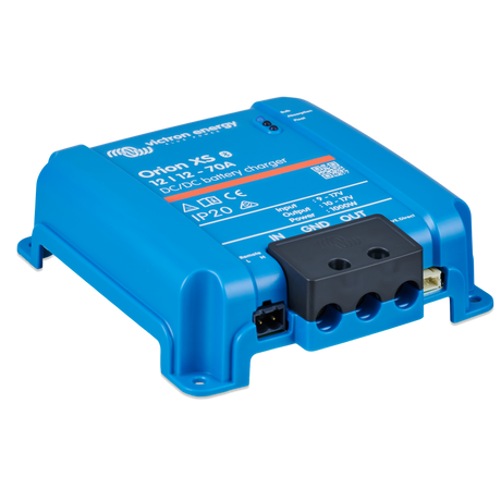A blue Orion XS 9 12V/17A battery charger solar power module by MTO, shown at an angle on a white background.