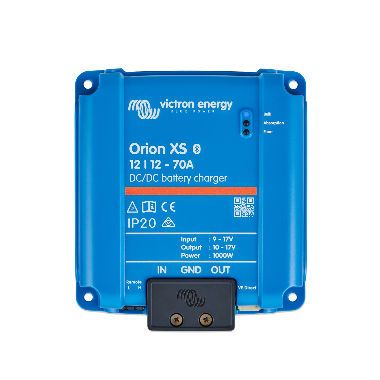 A Victron Energy Orion XS 12V 12A 70A DC/DC battery charger with a blue plastic housing, a black connector block at the bottom, and white printed text and logos on the front.