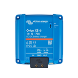 A Victron Energy Orion XS 12V 12A 70A DC/DC battery charger with a blue plastic housing, a black connector block at the bottom, and white printed text and logos on the front.