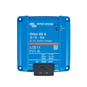 A Victron Energy Orion XS 12V 12A 70A DC/DC battery charger with a blue plastic housing, a black connector block at the bottom, and white printed text and logos on the front.