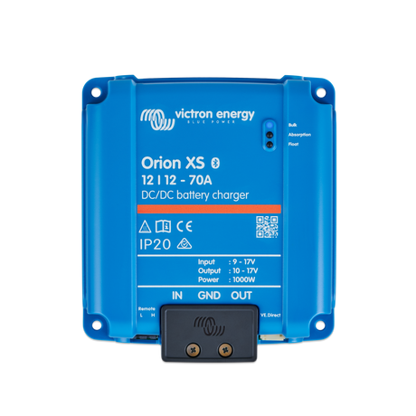 A Victron Energy Orion XS 12V 12A 70A DC/DC battery charger with a blue plastic housing, a black connector block at the bottom, and white printed text and logos on the front.