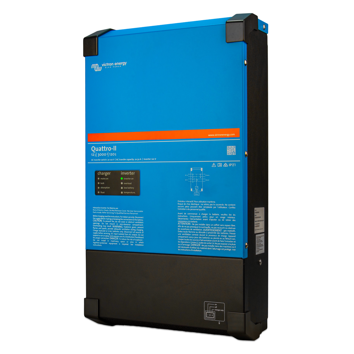 Victron Energy Quattro-II 12/3000 2x120 V, chargeur-onduleur : vue de profil gauche