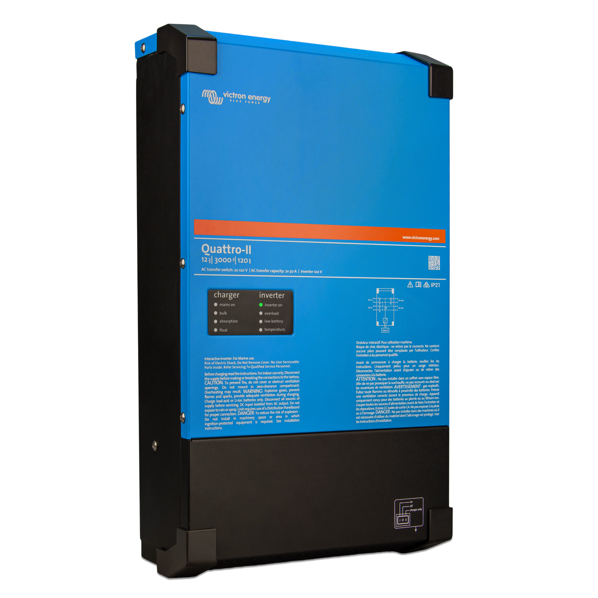Victron Energy Quattro-II 12/3000, chargeur-onduleur 2x120 V – vue en angle droit
