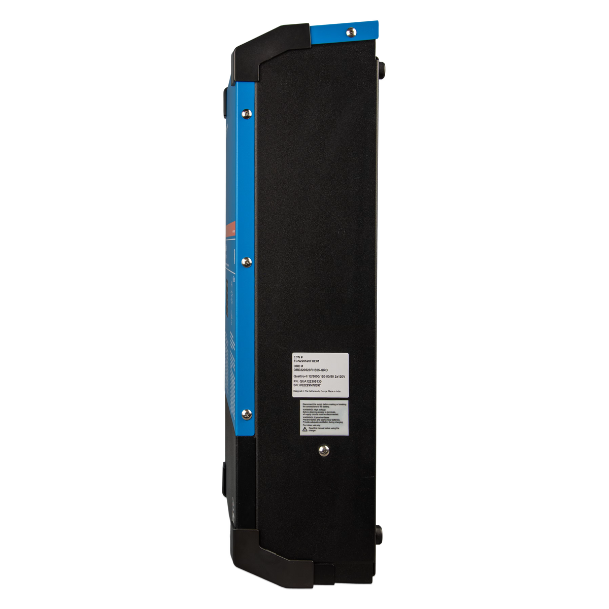 Vue latérale du chargeur-onduleur Victron Energy Quattro-II 12/3000 2x120 V
