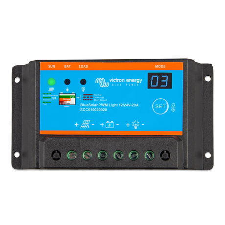 Vue de dessus du régulateur de charge Victron BlueSolar PWM-Light 12/24 V 20 A