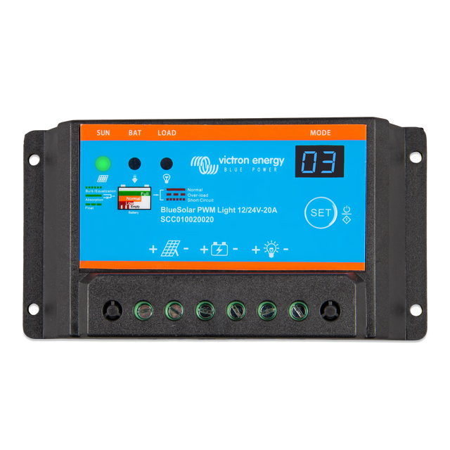 Vue de dessus du régulateur de charge Victron BlueSolar PWM-Light 12/24 V 20 A