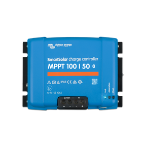 A Victron Energy SmartSolar MPPT 100|50 solar charge controller with a blue casing, black terminal block, and white printed text on a solid white background.