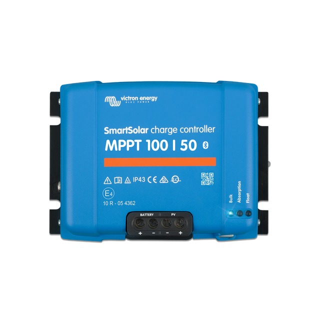 A Victron Energy SmartSolar MPPT 100|50 solar charge controller with a blue casing, black terminal block, and white printed text on a solid white background.