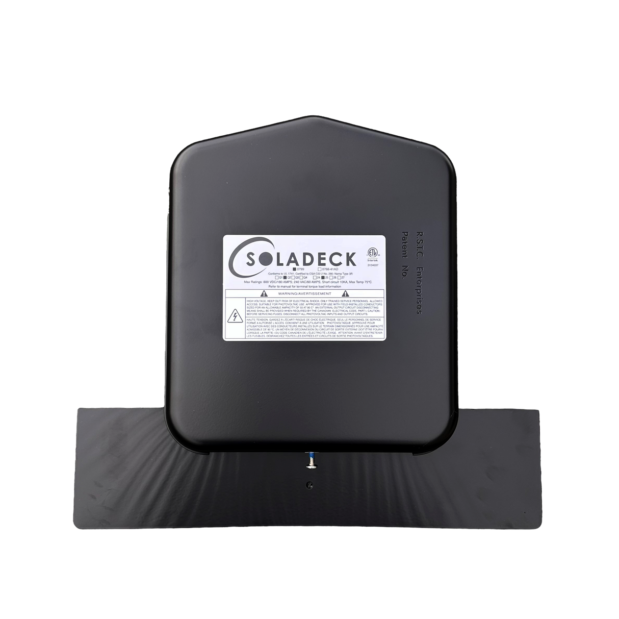Black solar deck panel with Soladeck label on a white background