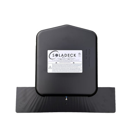 Black solar deck panel with Soladeck label on a white background