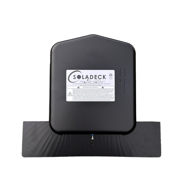 Black solar deck panel with Soladeck label on a white background
