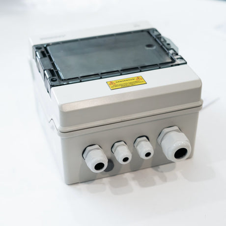 BENY BHS-1/1 1000V DC combiner box closed view showing transparent cover and cable glands