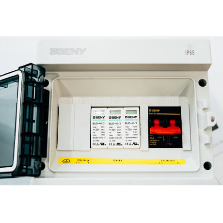 BENY BHS-1/1 1000V DC combiner box interior showing surge protectors and two-pole breaker
