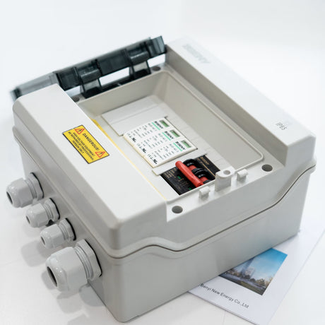BENY BHS-1/1 1000V DC combiner box open angled view showing protection components and cable glands