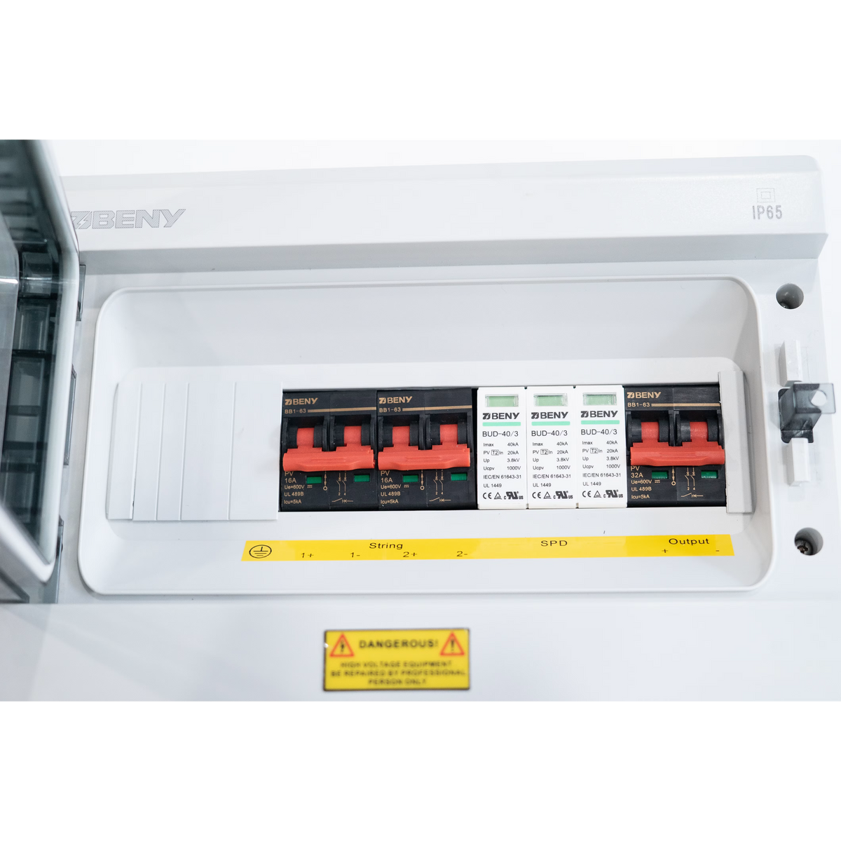 Close-up of the BENY BHS-2/1 combiner box breakers, surge protectors and terminals