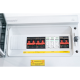 Close-up of the BENY BHS-2/1 combiner box breakers, surge protectors and terminals