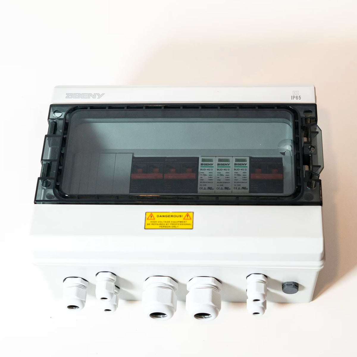Front view of the BENY BHS-2/1 IP65 DC combiner box with transparent cover
