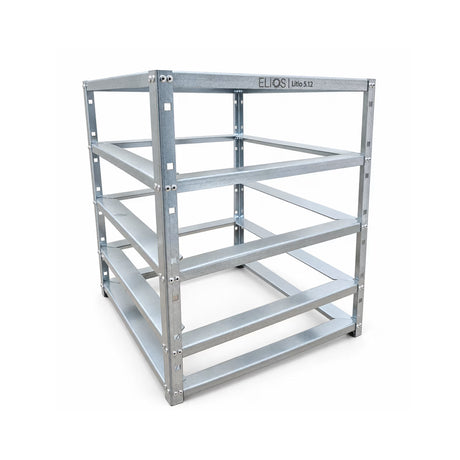Empty Elios four-battery rack in galvanized steel, shown at an angle