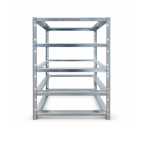 Front view of the empty Elios galvanized steel rack for four batteries