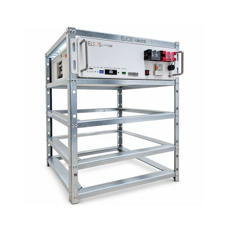 Elios rack with one Litio 5.12 battery installed on the upper shelf