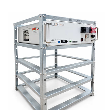 Elios galvanized steel rack with a Litio 5.12 battery installed, shown from the front and side