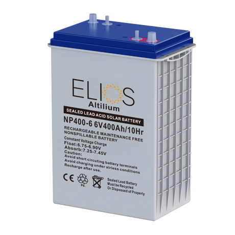 Elios Altilium EC400-6V 400Ah sealed lead-acid solar battery, front three-quarter view showing its terminals and product label