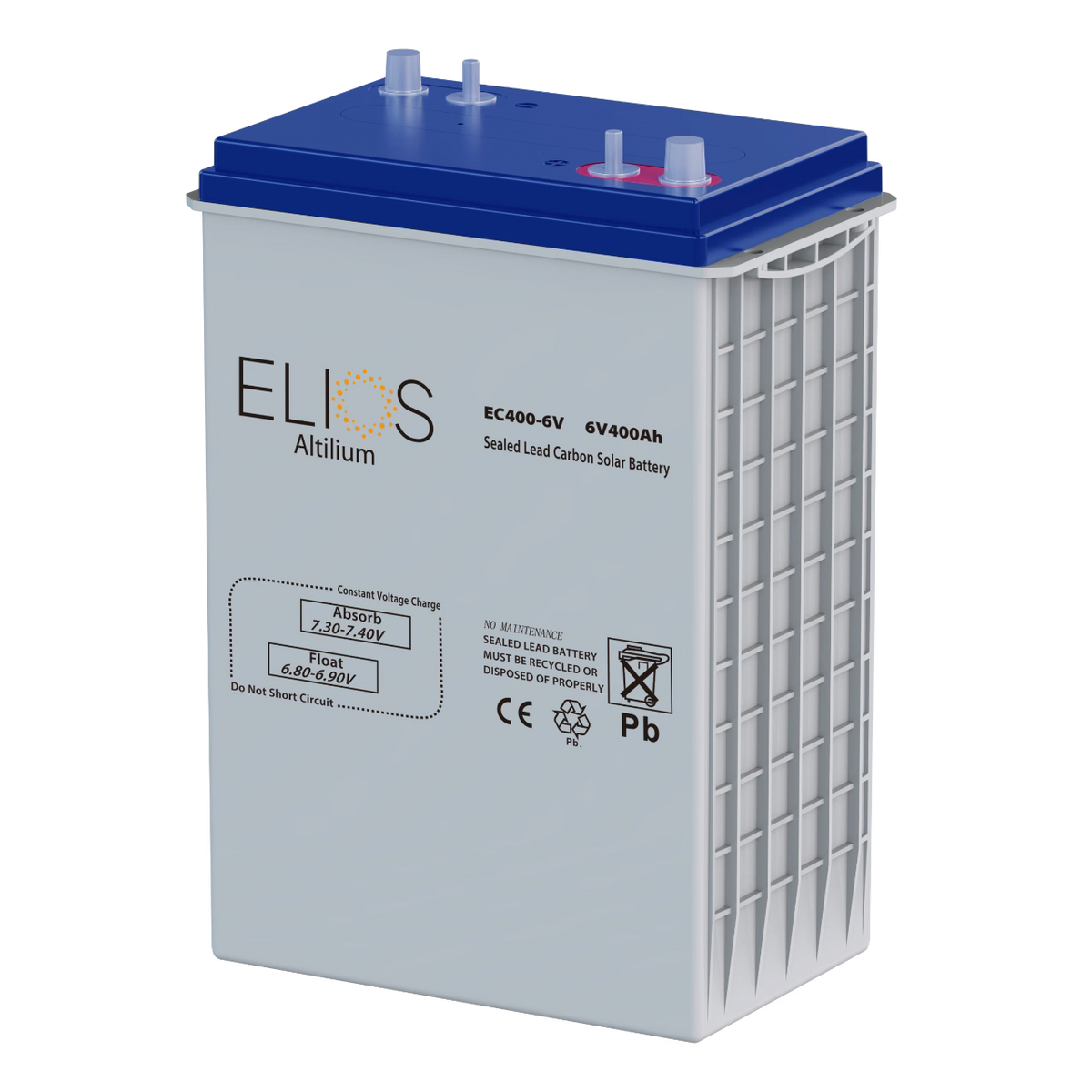 Batterie solaire scellée au plomb-carbone Elios Altilium EC400-6V, 6 V, 400 Ah : vue de face et de profil montrant le couvercle supérieur bleu et les bornes de la batterie.