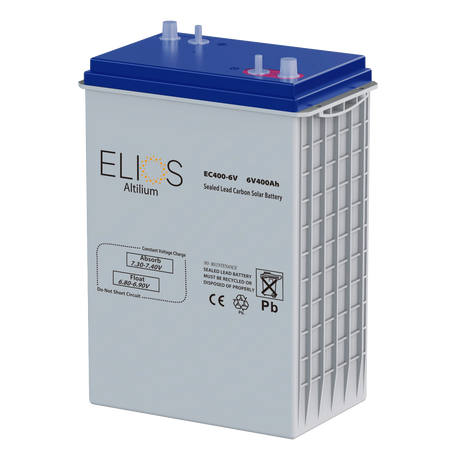 Batterie solaire scellée au plomb-carbone Elios Altilium EC400-6V, 6 V, 400 Ah : vue de face et de profil montrant le couvercle supérieur bleu et les bornes de la batterie.