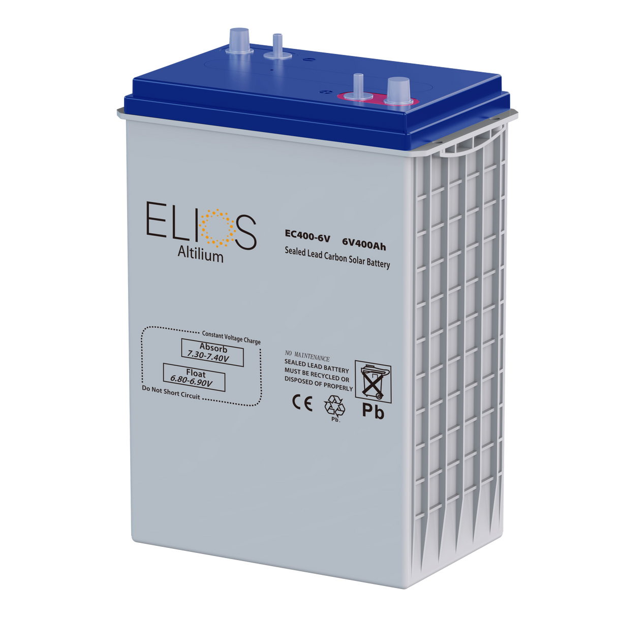 An ELIOS Altium EC400-6V 6V400Ah sealed lead carbon solar battery, featuring a light gray body, a blue top cover, and white vented side panels, shown on a solid white background.