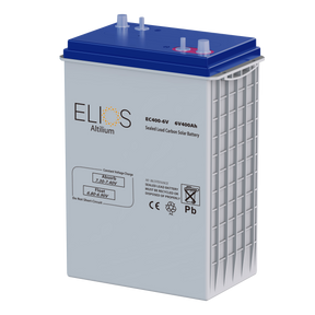 An ELIOS Altium EC400-6V 6V400Ah sealed lead carbon solar battery, featuring a light gray body, a blue top cover, and white vented side panels, shown on a solid white background.