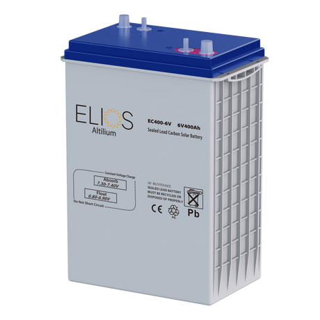 An ELIOS Altium EC400-6V 6V400Ah sealed lead carbon solar battery, featuring a light gray body, a blue top cover, and white vented side panels, shown on a solid white background.
