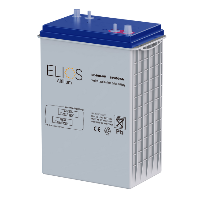 An ELIOS Altium EC400-6V 6V400Ah sealed lead carbon solar battery, featuring a light gray body, a blue top cover, and white vented side panels, shown on a solid white background.
