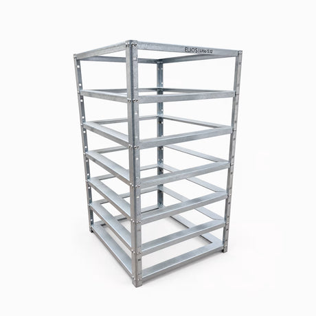 Angled view of the empty six-battery galvanized steel Elios rack