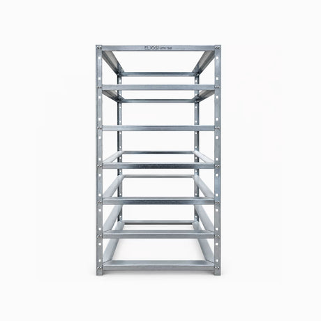 Front view of the empty galvanized steel Elios rack for six Litio 5.12 batteries