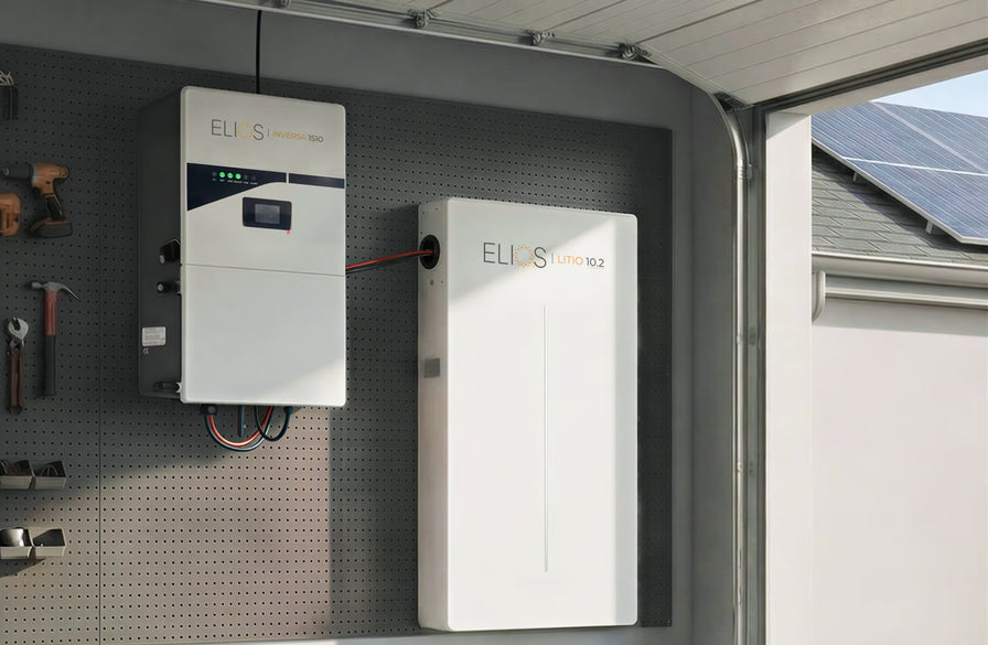 Elios Inversa 1510 hybrid inverter and Elios Litio 10.2 installed in residential garage