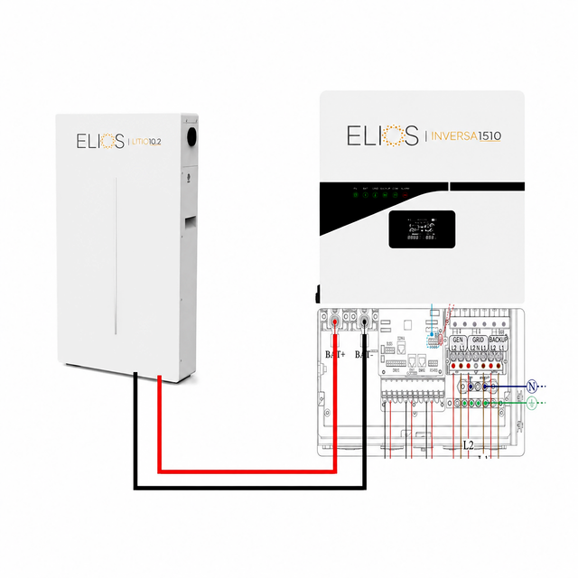 Schéma de raccordement du kit Elios A avec onduleur hybride Inversa 1510 de 10 kW et batterie au lithium Litio10.2