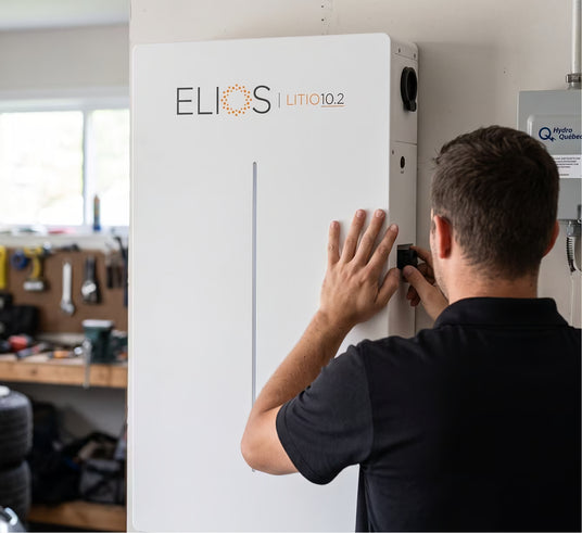 Elios Litio 10.2 battery mounted on a garage wall, eligible equipment for the Quebec battery rebate