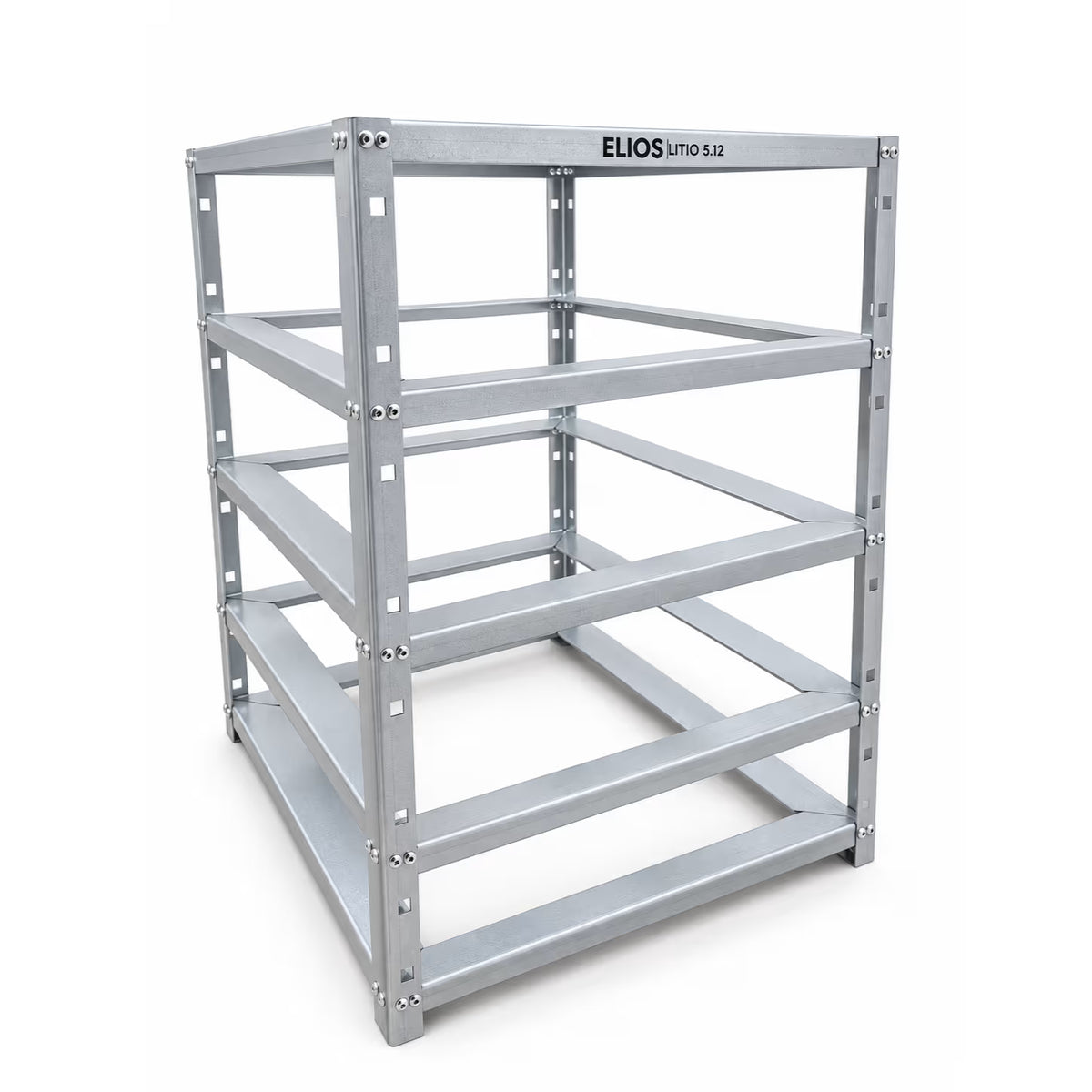 Angled view of the empty galvanized steel Elios rack for four Litio 5.12 batteries