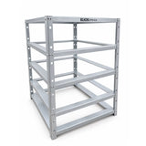 Angled view of the empty galvanized steel Elios rack for four Litio 5.12 batteries
