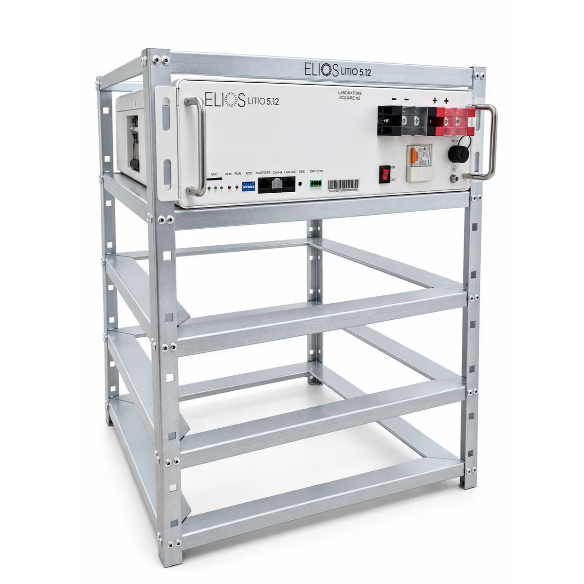 Angled view of the Elios four-module rack with one Litio 5.12 battery installed on top