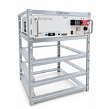 Angled view of the Elios four-module rack with one Litio 5.12 battery installed on top