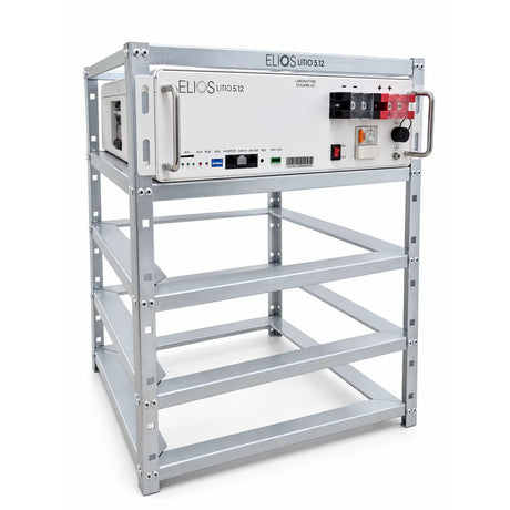 Angled view of the Elios four-module rack with one Litio 5.12 battery installed on top
