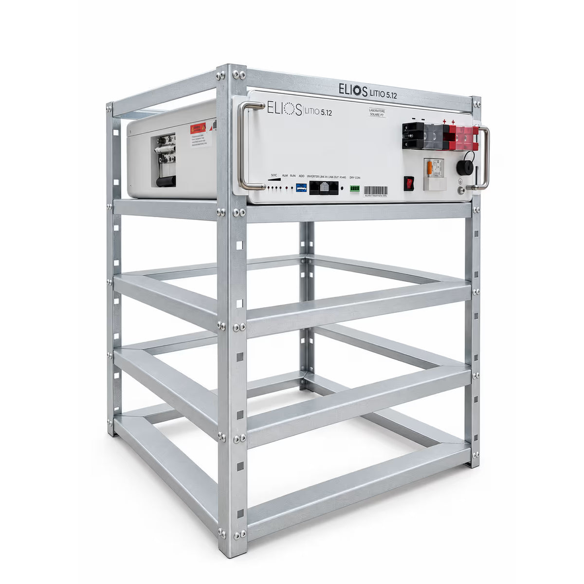 Side angle of the Elios rack with one Litio 5.12 battery installed on the top shelf