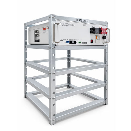 Side angle of the Elios rack with one Litio 5.12 battery installed on the top shelf