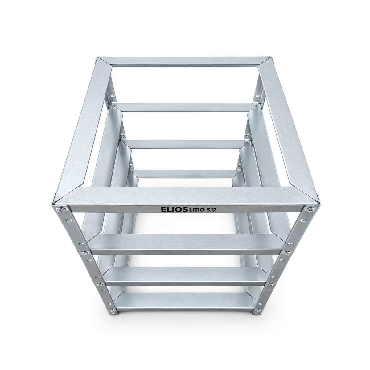 High-angle view of the empty Elios galvanized steel rack for four Litio 5.12 modules