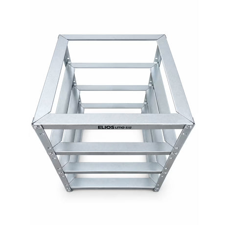 High-angle view of the empty Elios galvanized steel rack for four Litio 5.12 modules