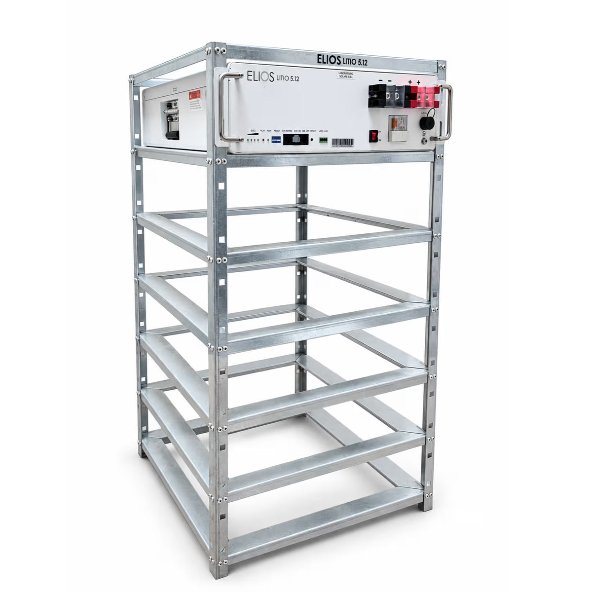 Angled view of the Elios six-module battery rack with one Litio 5.12 battery installed