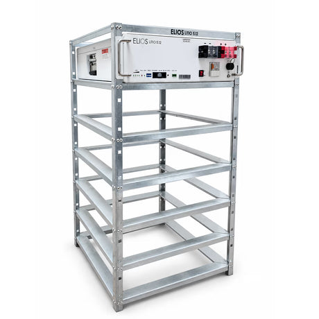 Angled view of the Elios six-module battery rack with one Litio 5.12 battery installed
