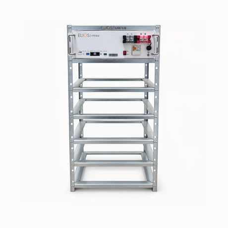 Front view of the galvanized steel Elios rack with a Litio 5.12 battery installed