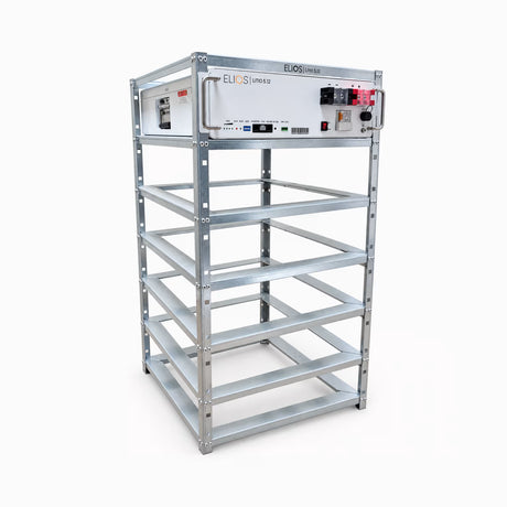 Three-quarter view of the Elios galvanized steel rack with a Litio 5.12 battery installed
